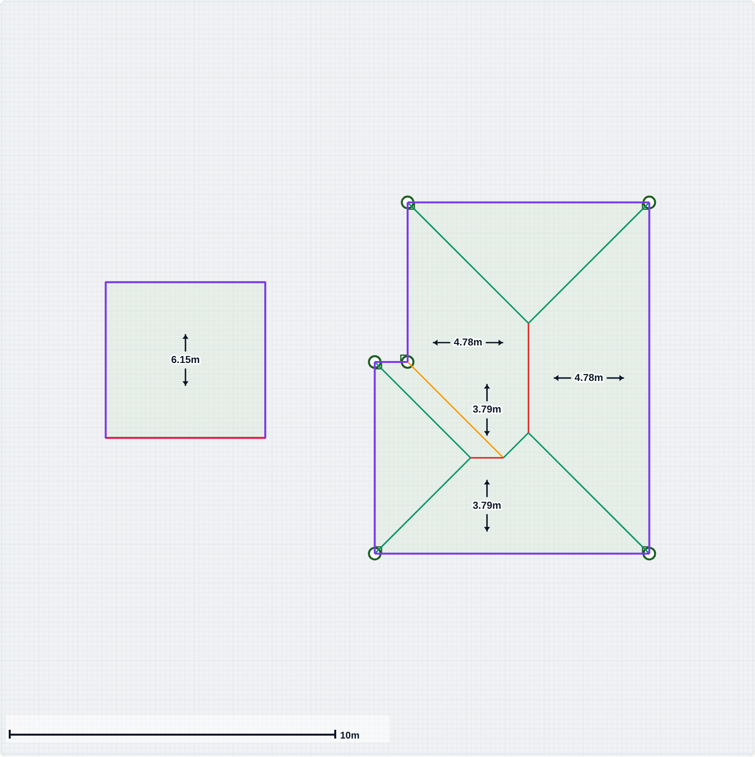 The two roofs of job 3045 traced in RoofMap: a hip main roof with a step, and a separate second roof, with the ridge, hips and valley worked out