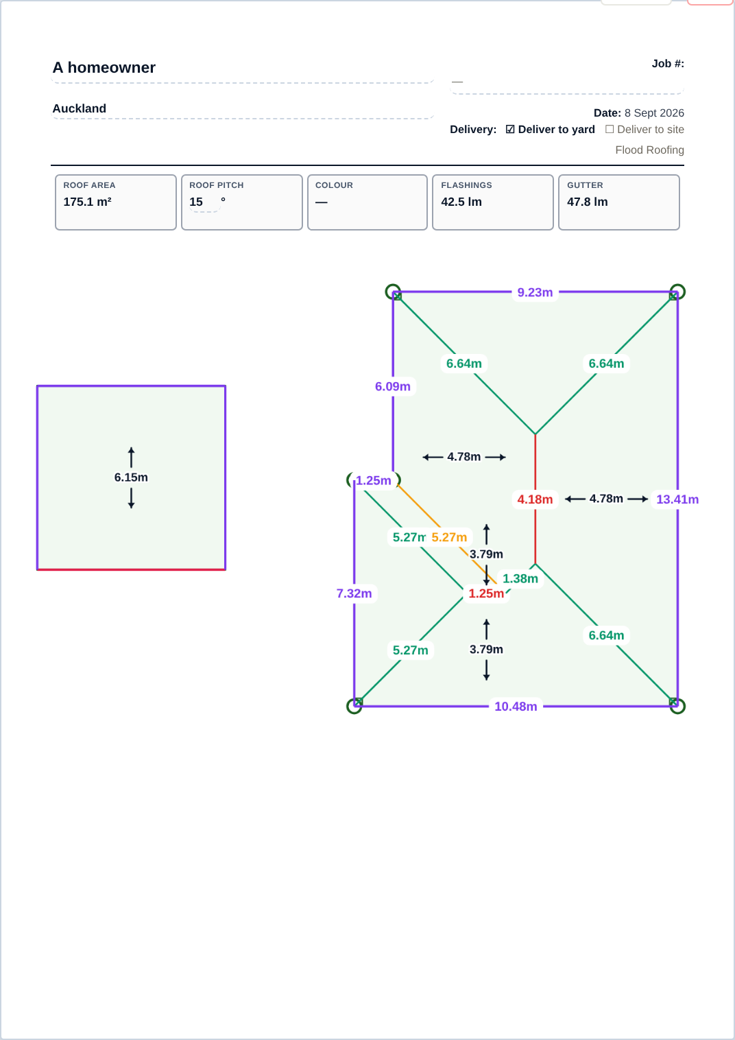 The first page of the job pack for job 3045: roof area, pitch, flashing and gutter totals, and every edge of both roofs measured