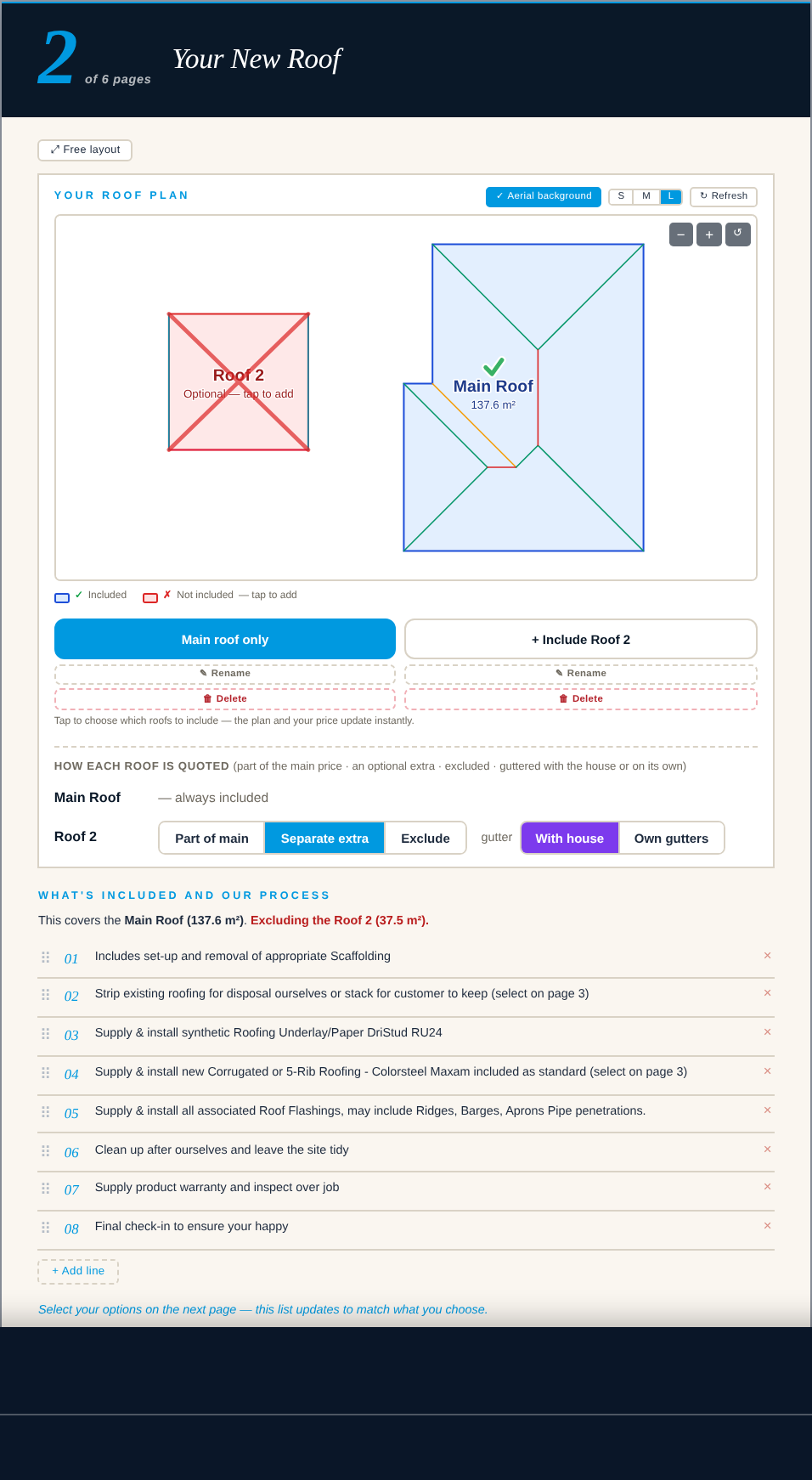 Page two of the customer quote for job 3045: the roof plan with the main roof included and the second roof offered as an optional extra, and the list of what is included